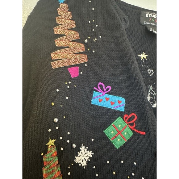 Vintage Black Christmas Cardiagn Petite Large Front Back Holiday Graphic Festive - Picture 6 of 13